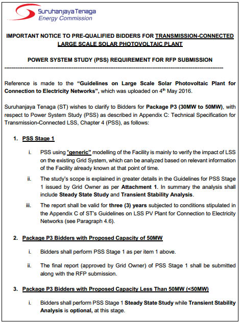 Notice on PSS Requirement for RFP Submission Transmission Connected